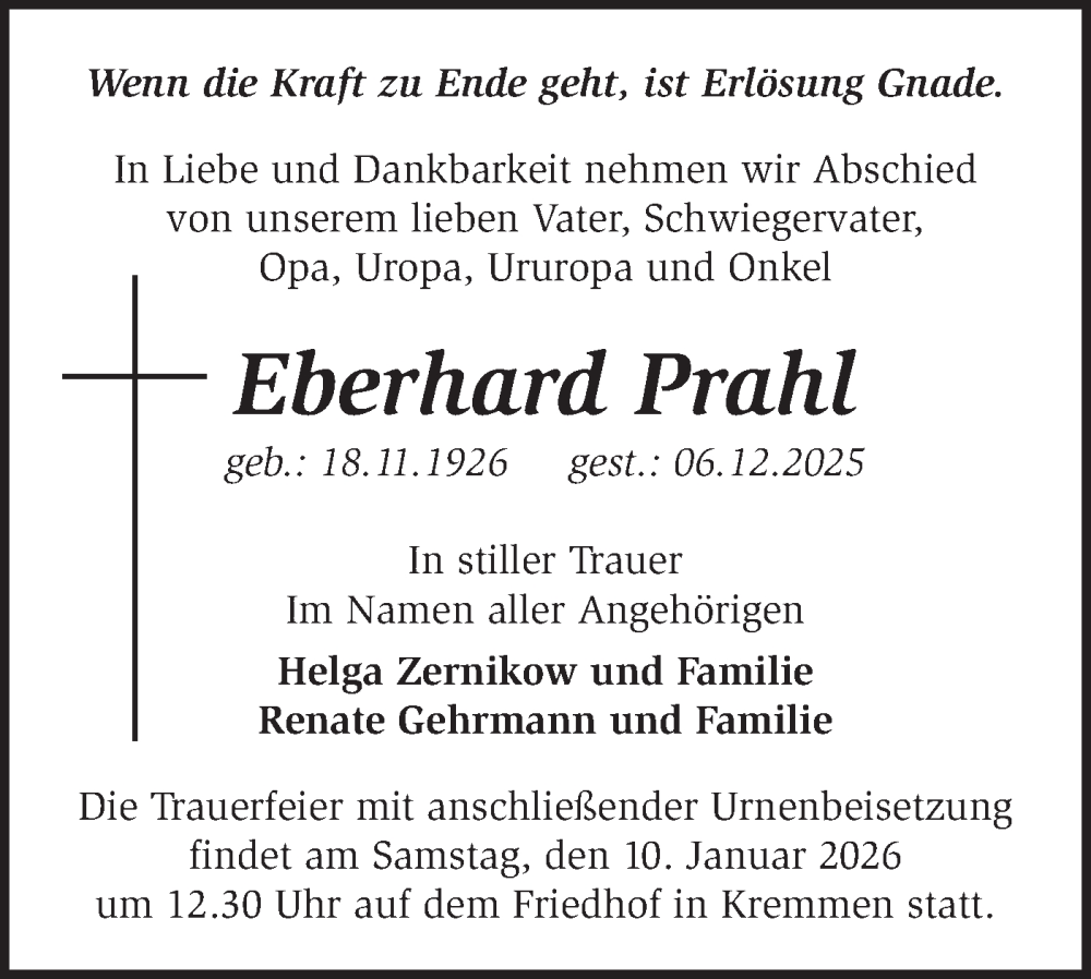  Traueranzeige für Eberhard Prahl vom 03.01.2026 aus Märkische Oderzeitung