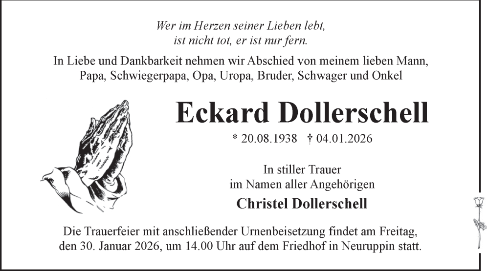  Traueranzeige für Eckard Dollerschell vom 10.01.2026 aus Märkische Oderzeitung