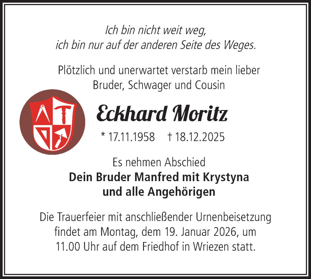  Traueranzeige für Eckhard Moritz vom 10.01.2026 aus MO Oderld.-Echo