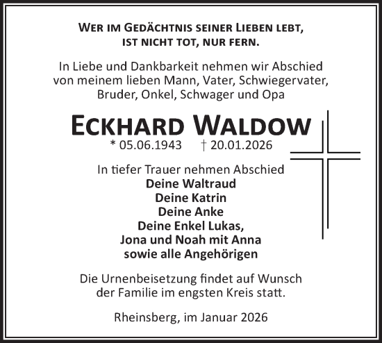 Traueranzeige von Eckhard Waldow von Märkische Oderzeitung