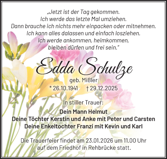 Traueranzeige von Edda Schulze von Blickpunkt Potsdam/Werder