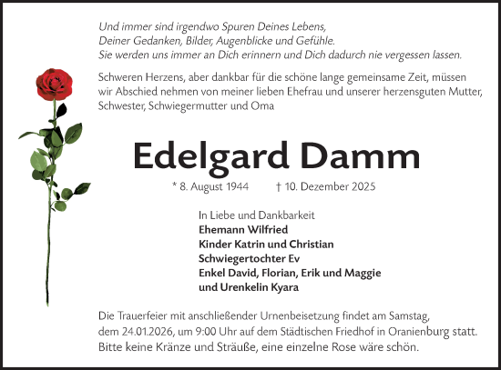 Traueranzeige von Edelgard Damm von Märkische Oderzeitung