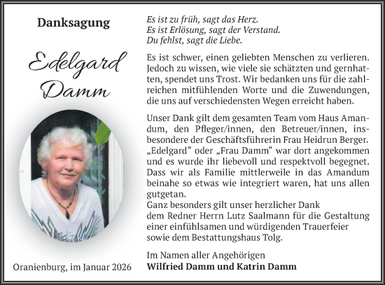 Traueranzeige von Edelgard Damm von Märkische Oderzeitung