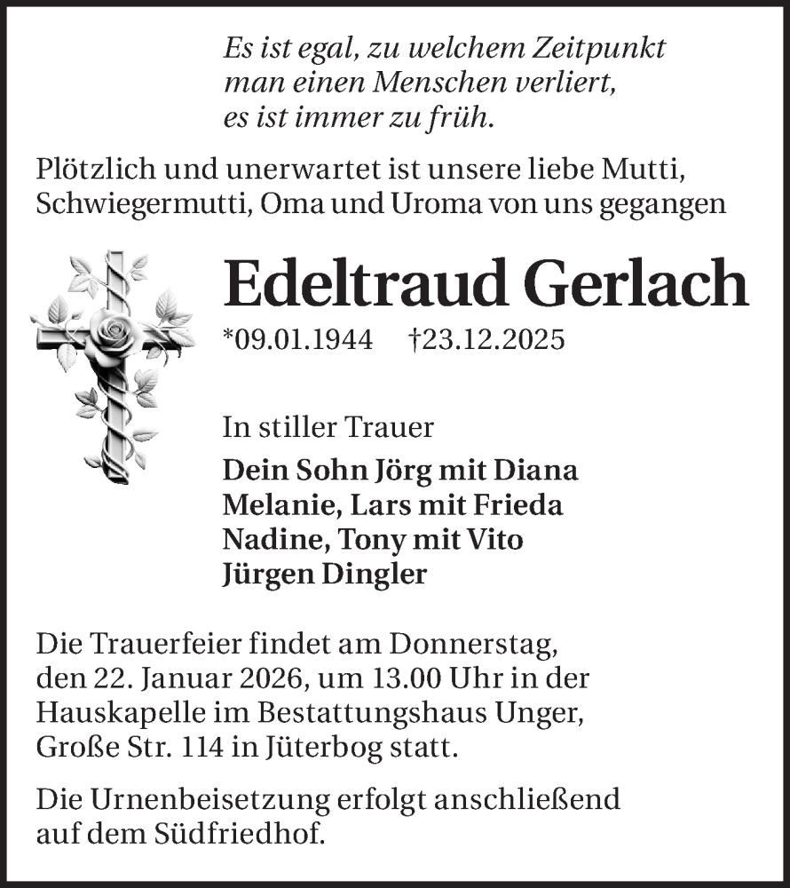  Traueranzeige für Edeltraud Gerlach vom 10.01.2026 aus Blickpunkt Jüterbog/Luckenwalde