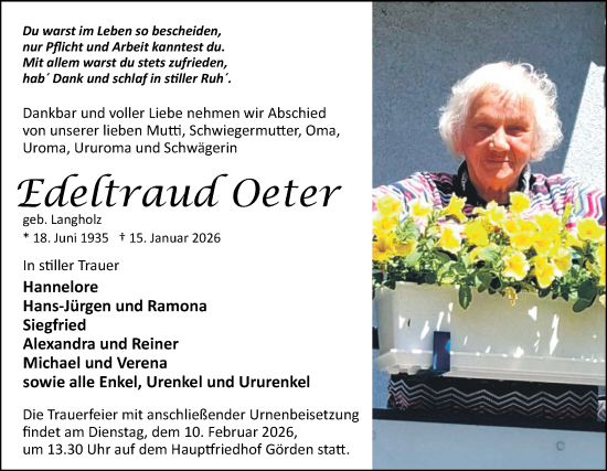 Traueranzeige von Edeltraud Oeter von Märkische Oderzeitung