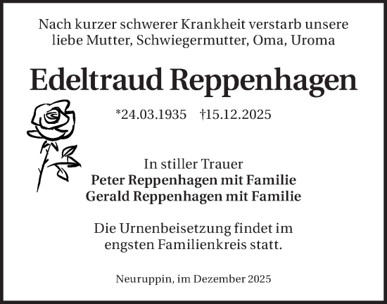 Traueranzeige von Edeltraud Reppenhagen von Märkische Oderzeitung