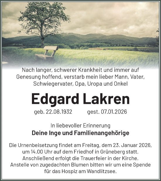 Traueranzeige von Edgard Lakren von Märkische Oderzeitung
