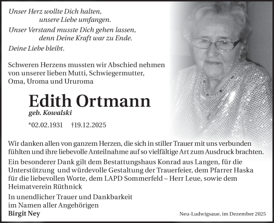 Traueranzeige von Edith Ortmann von Märkische Oderzeitung
