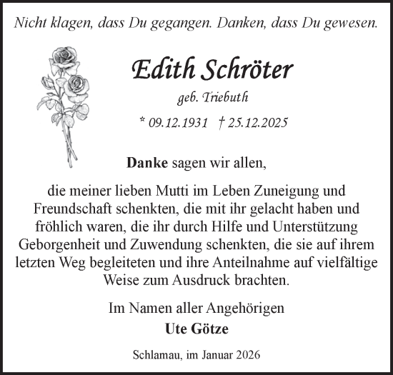 Traueranzeige von Edith Schröter von Märkische Oderzeitung