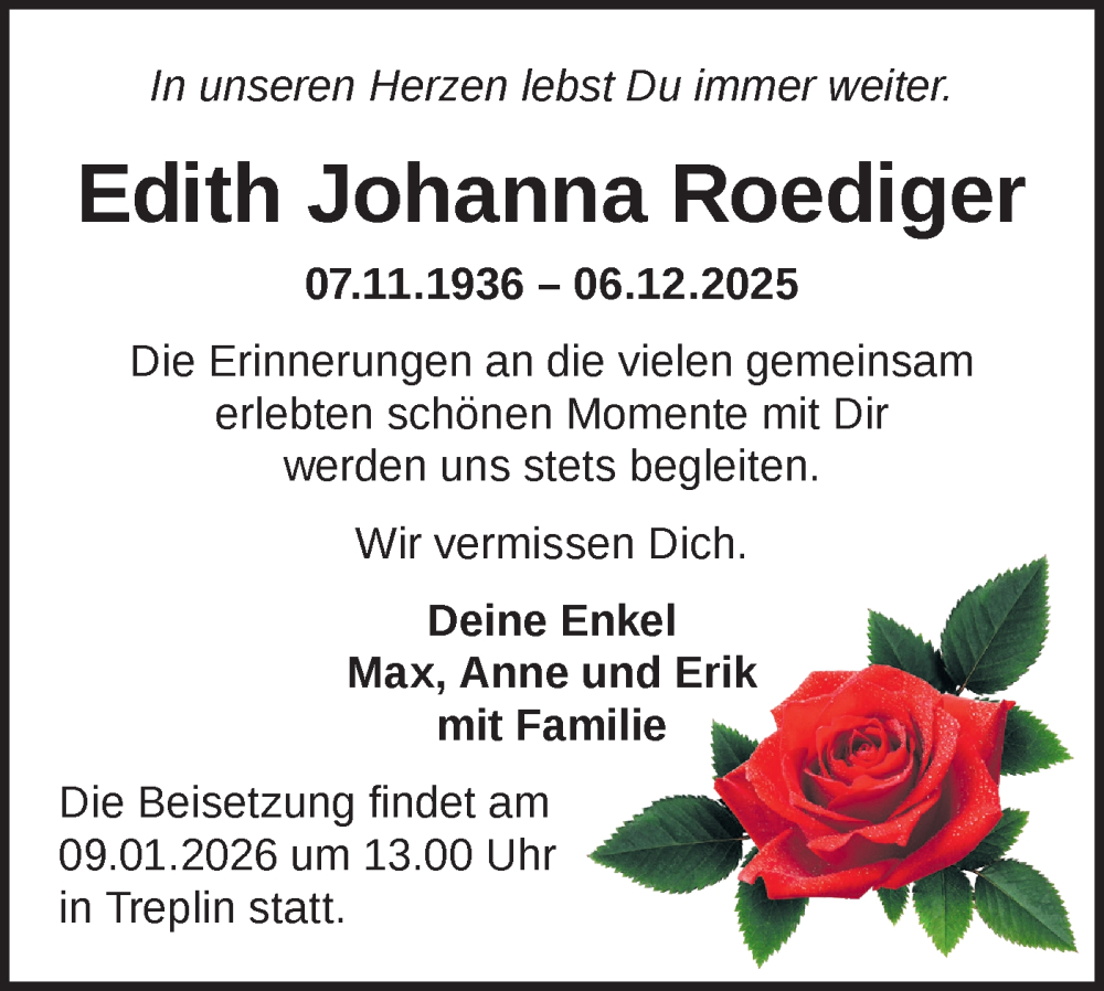  Traueranzeige für Edith Johanna Roediger vom 03.01.2026 aus Märkische Oderzeitung