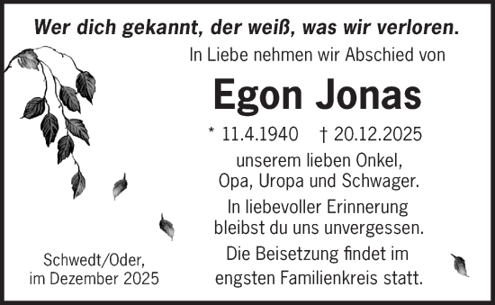 Traueranzeige von Egon Jonas von MO Uckerm.-Anz.
