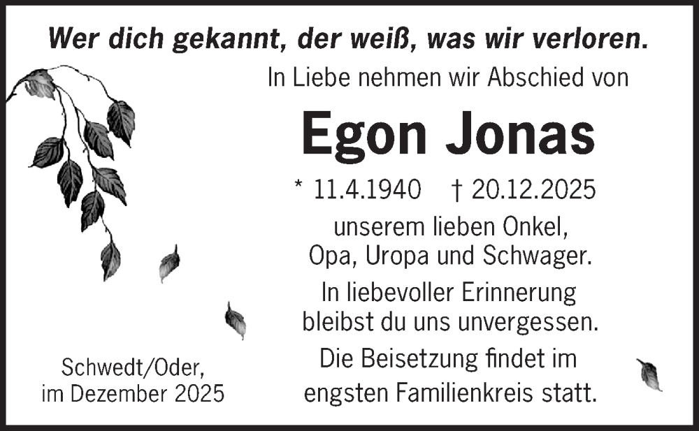  Traueranzeige für Egon Jonas vom 03.01.2026 aus MO Uckerm.-Anz.