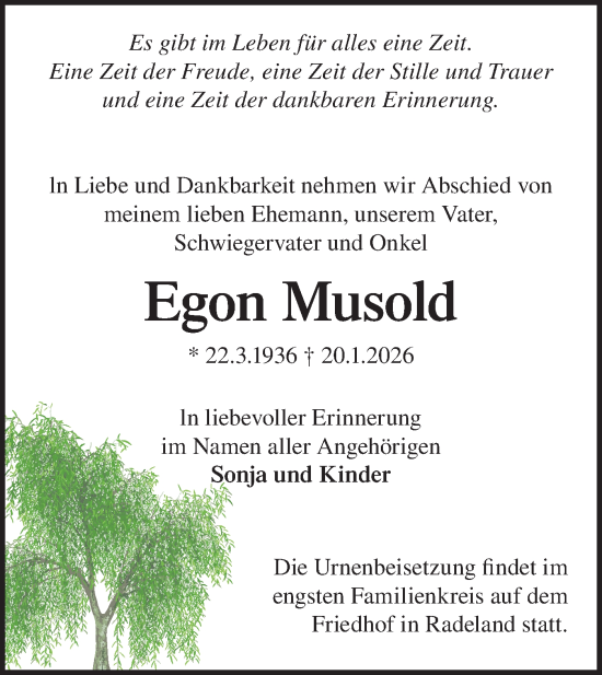 Traueranzeige von Egon Musold von Blickpunkt Ludwigsfelde/Zossen