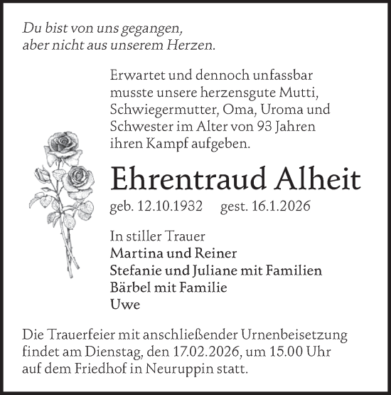 Traueranzeige von Ehrentraud Alheit von Märkische Oderzeitung