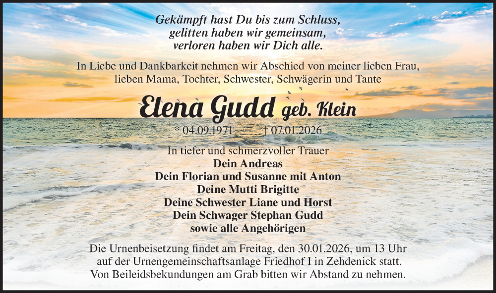  Traueranzeige für Elena Gudd vom 17.01.2026 aus Märkische Oderzeitung
