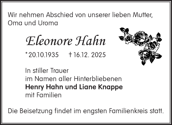 Traueranzeige von Eleonore Hahn von Märkische Oderzeitung
