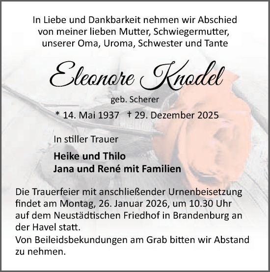 Traueranzeige von Eleonore Knoßel von Märkische Oderzeitung