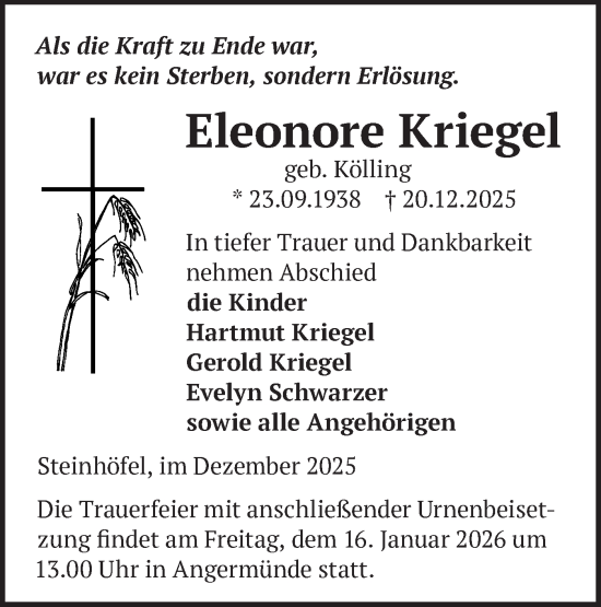 Traueranzeige von Eleonore Kriegel von MO Uckerm.-Anz.