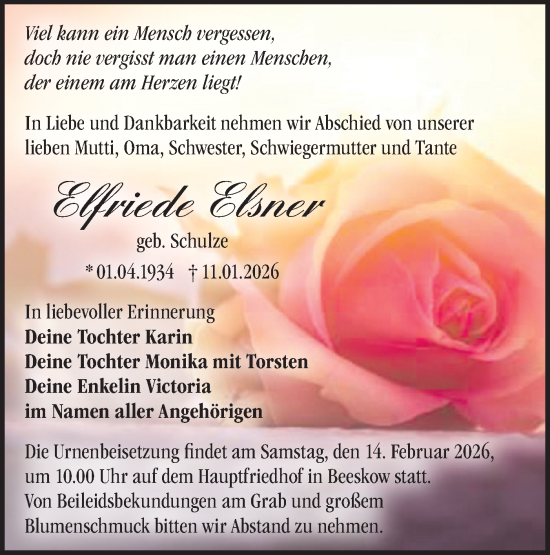 Traueranzeige von Elfriede Elsner von Märkische Oderzeitung