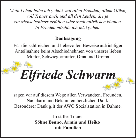 Traueranzeige von Elfriede Schwarm von Blickpunkt Jüterbog/Luckenwalde