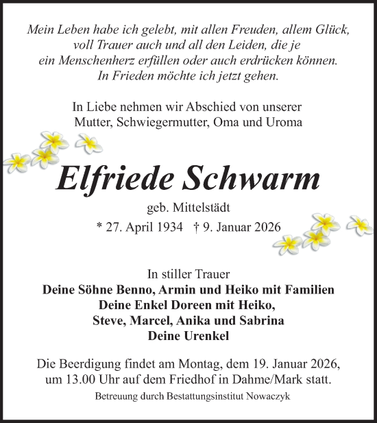 Traueranzeige von Elfriede Schwarm von Blickpunkt Jüterbog/Luckenwalde