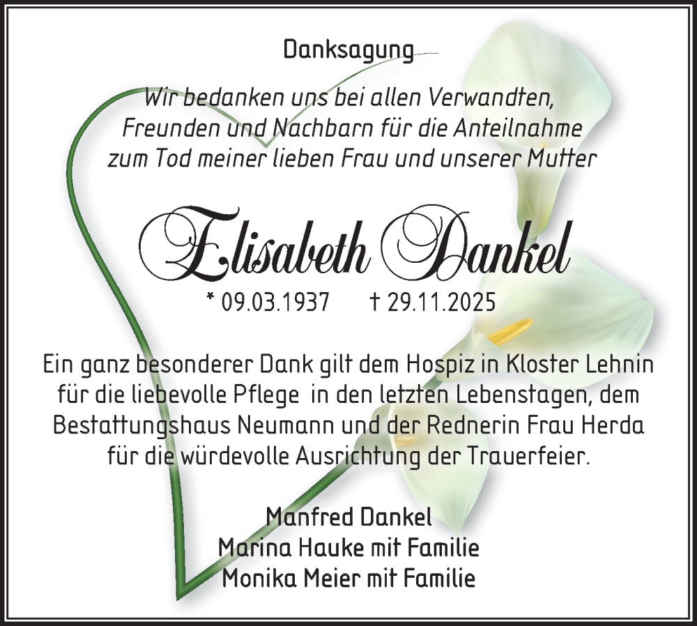  Traueranzeige für Elisabeth Dankel vom 24.01.2026 aus Märkische Oderzeitung