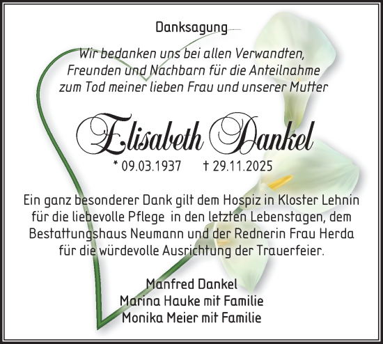 Traueranzeige von Elisabeth Dankel von Märkische Oderzeitung