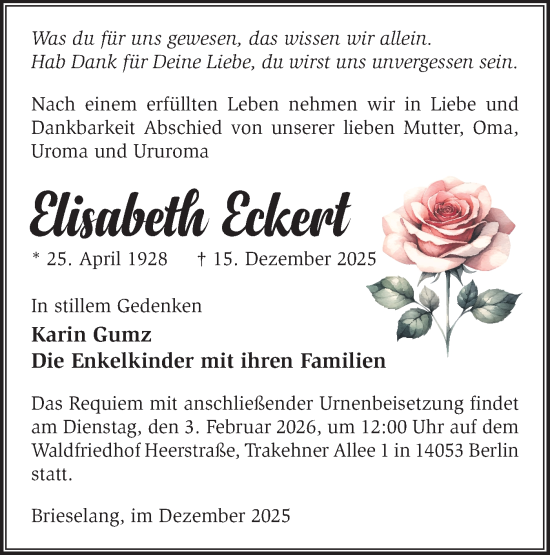 Traueranzeige von Elisabeth Eckert von Märkische Oderzeitung