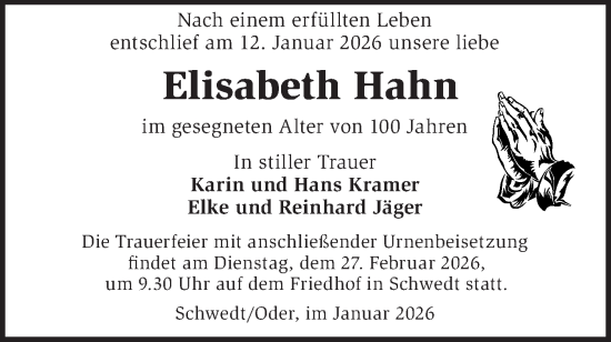 Traueranzeige von Elisabeth Hahn von MO Uckerm.-Anz.