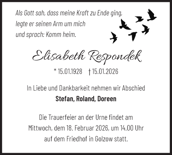 Traueranzeige von Elisabeth Respondek von MO Oderld.-Echo
