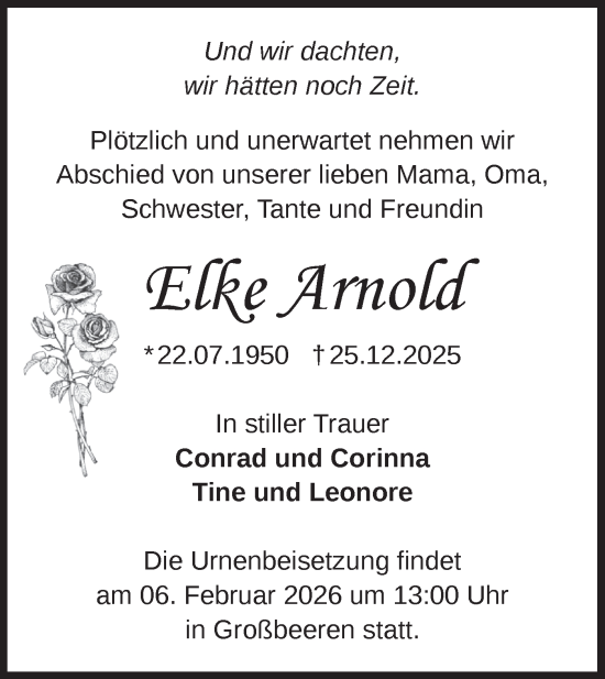 Traueranzeige von Elke Arnold von Blickpunkt Ludwigsfelde/Zossen