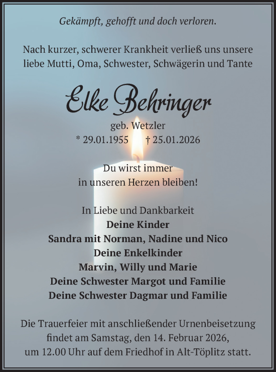 Traueranzeige von Elke Behringer von Blickpunkt Potsdam/Werder