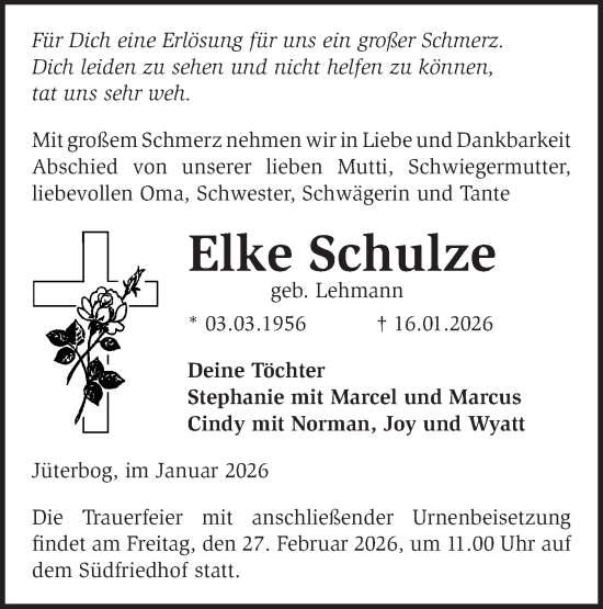 Traueranzeige von Elke Schulze von Blickpunkt Jüterbog/Luckenwalde