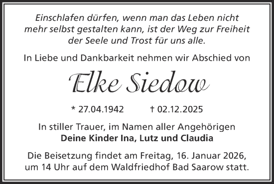 Traueranzeige von Elke Siedow von Märkische Oderzeitung