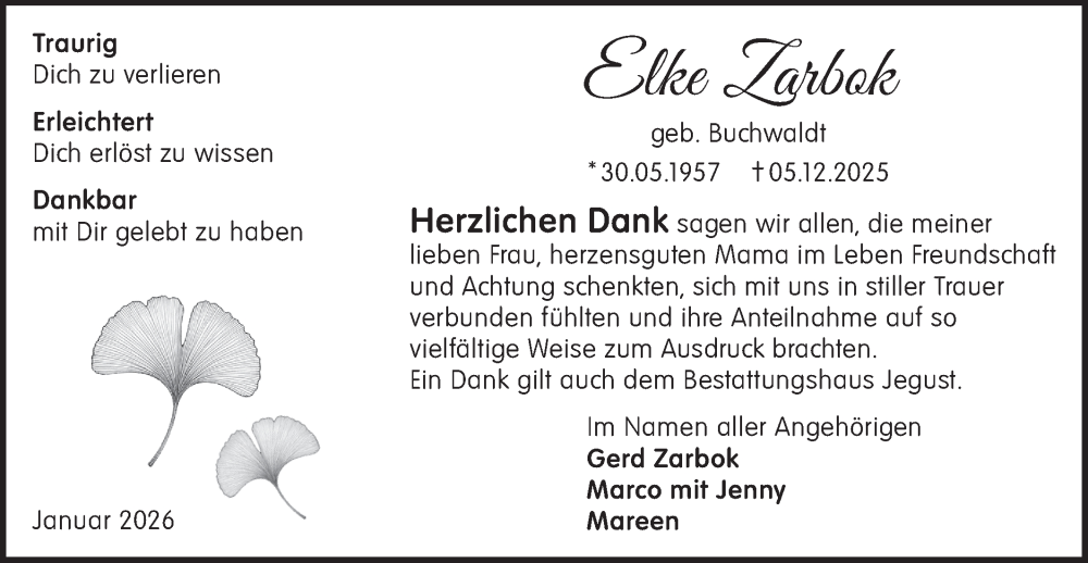  Traueranzeige für Elke Zarbok vom 24.01.2026 aus Märkische Oderzeitung
