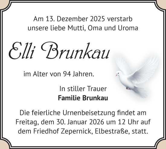 Traueranzeige von Elli Brunkau von Märkische Oderzeitung