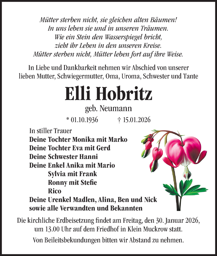  Traueranzeige für Elli Hobritz vom 24.01.2026 aus Märkische Oderzeitung