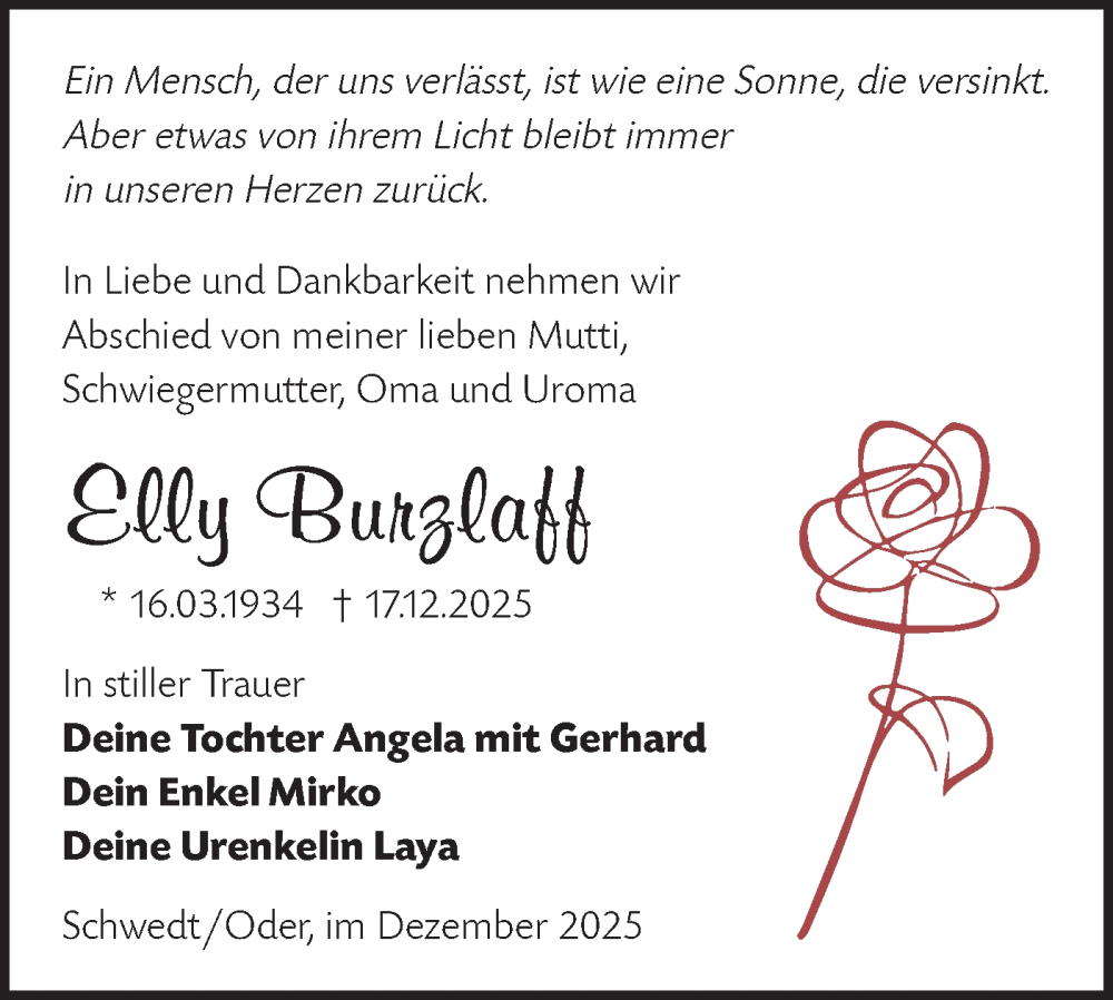  Traueranzeige für Elly Burzlaff vom 10.01.2026 aus MO Uckerm.-Anz.