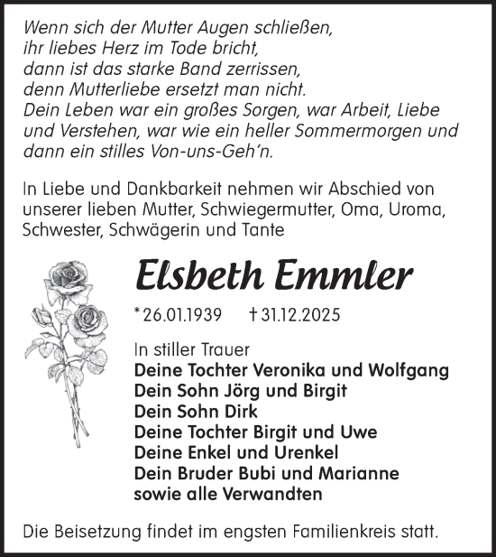 Traueranzeige von Elsbeth Emmler von Märkische Oderzeitung