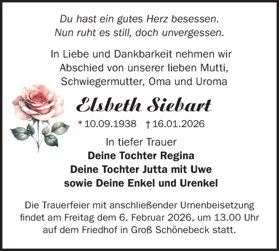 Traueranzeige von Elsbeth Siebart von Märkische Oderzeitung