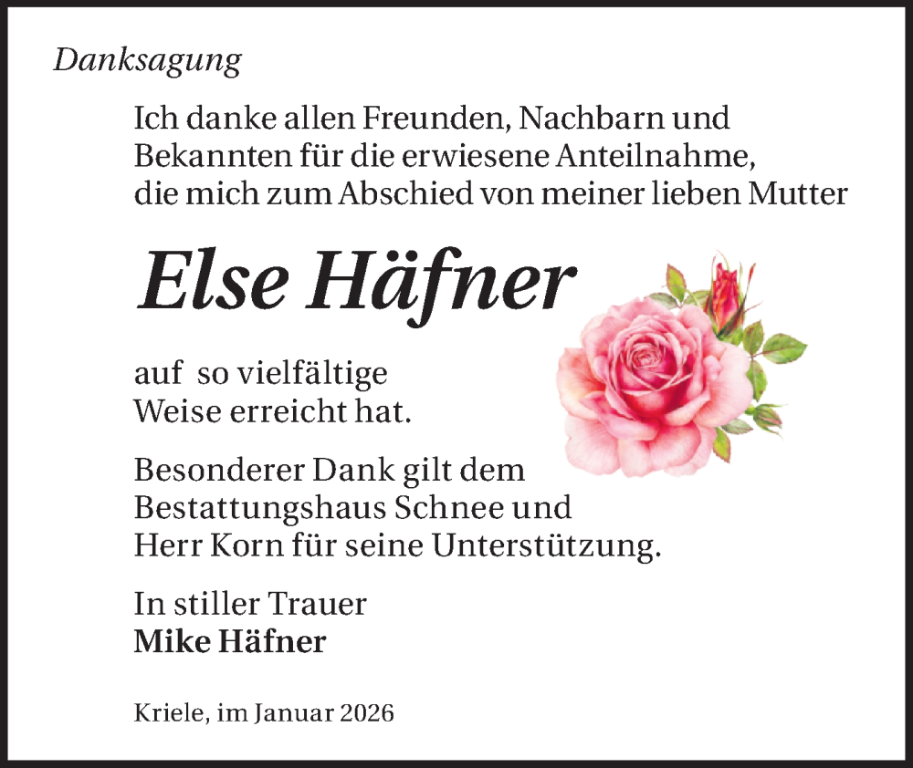  Traueranzeige für Else Häfner vom 31.01.2026 aus Märkische Oderzeitung