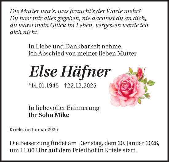 Traueranzeige von Else Häfner von Märkische Oderzeitung
