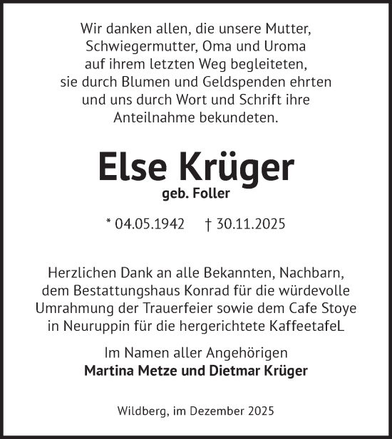 Traueranzeige von Else Krüger von Märkische Oderzeitung