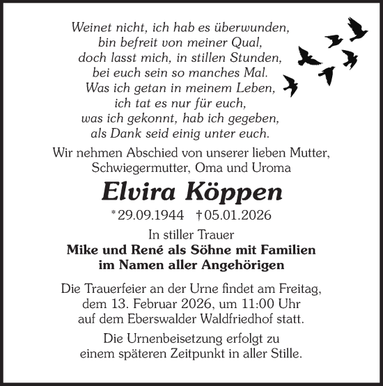 Traueranzeige von Elvira Köppen von Märkische Oderzeitung