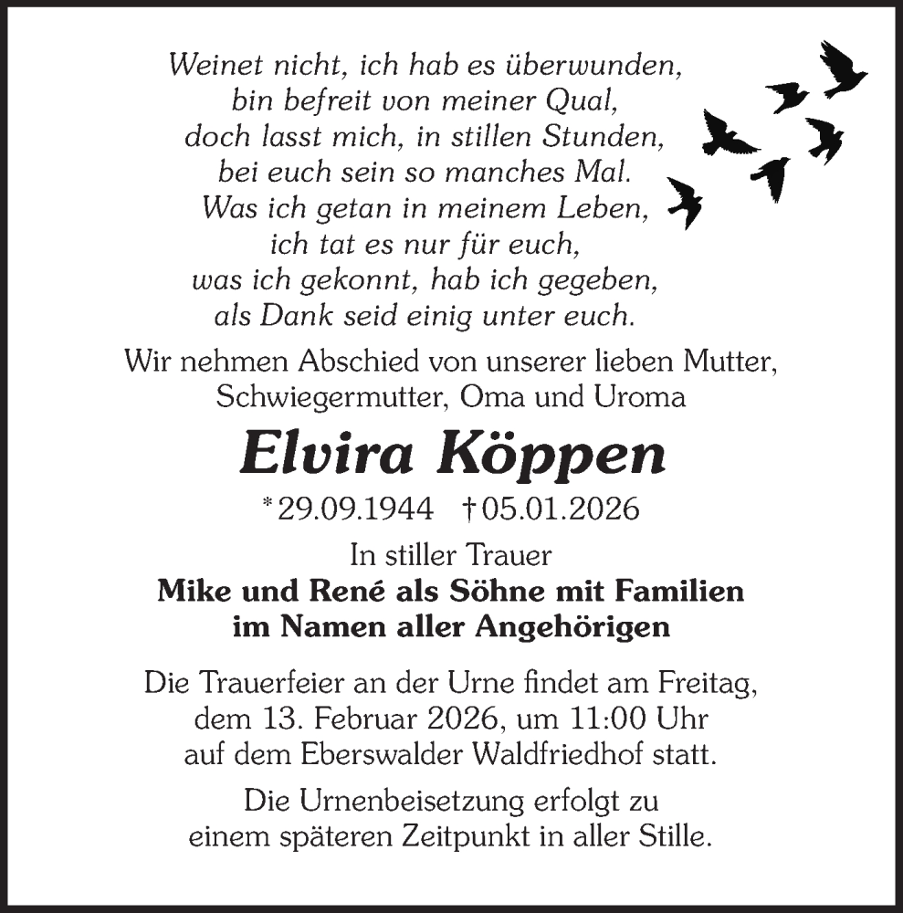  Traueranzeige für Elvira Köppen vom 31.01.2026 aus Märkische Oderzeitung