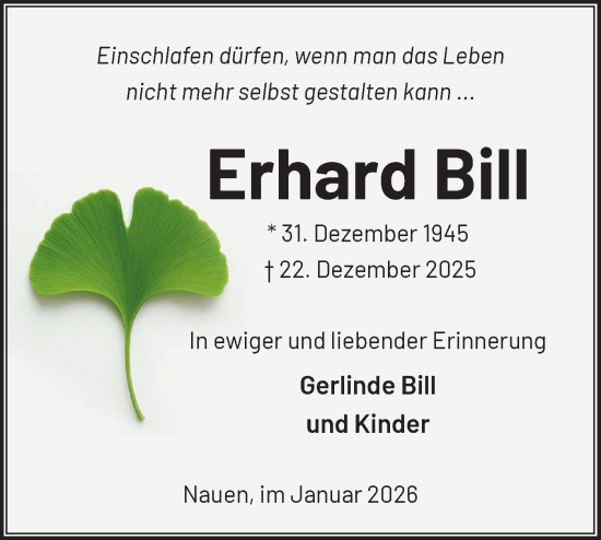 Traueranzeige von Erhard Bill von Märkische Oderzeitung