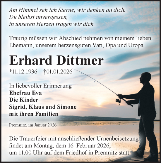 Traueranzeige von Erhard Dittmer von Märkische Oderzeitung