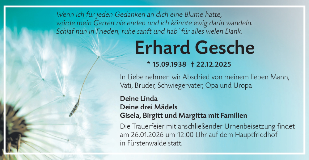  Traueranzeige für Erhard Gesche vom 17.01.2026 aus Märkische Oderzeitung
