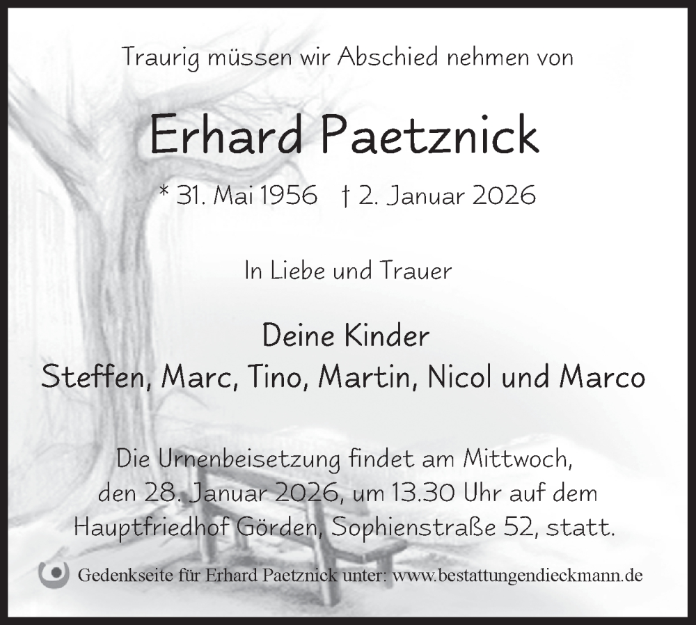  Traueranzeige für Erhard Paetznick vom 17.01.2026 aus Märkische Oderzeitung