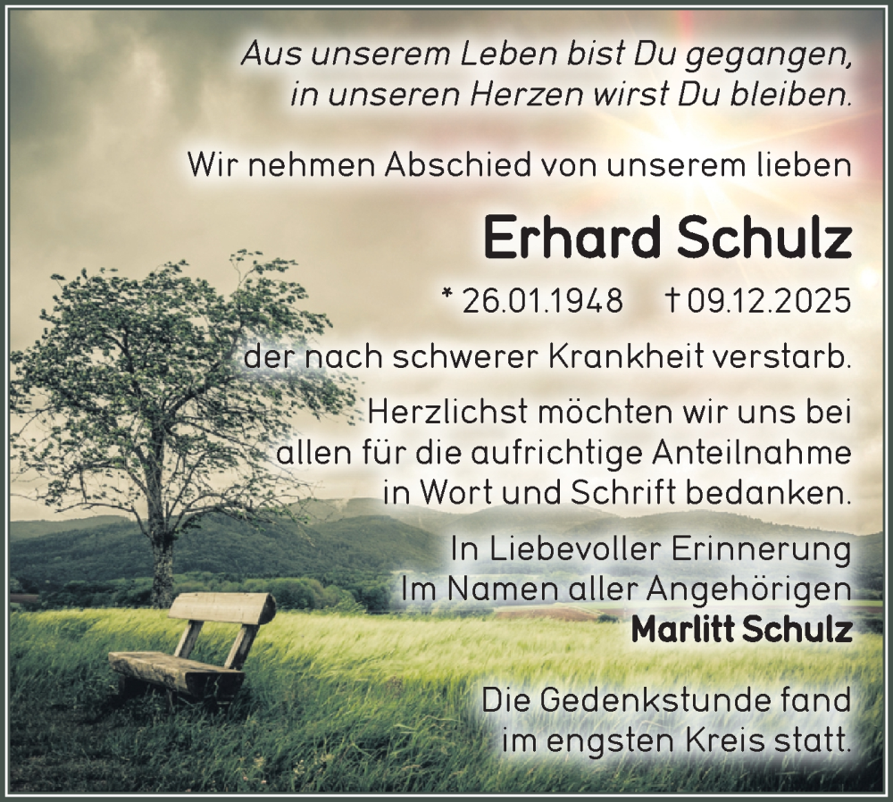  Traueranzeige für Erhard Schulz vom 03.01.2026 aus MO Oderld.-Echo